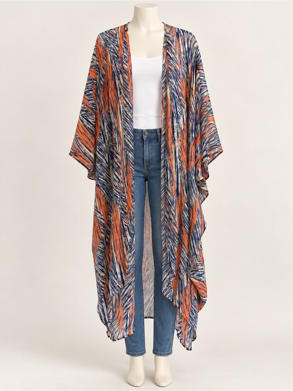 Primi Blue Coral Abstract Print Long Kimono Duster Open Front Medium